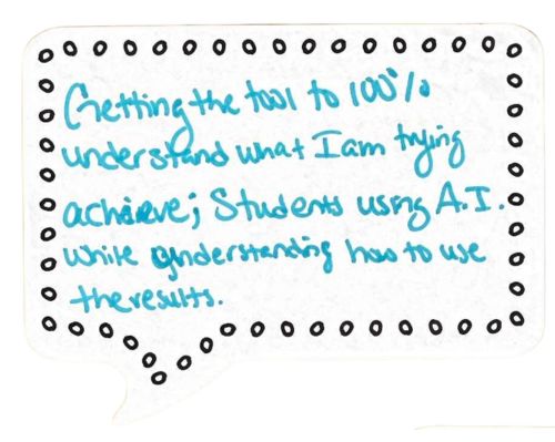 Getting the tool to 100% understand what I am trying to achieve; Students using AI while understanding how to use the results.
