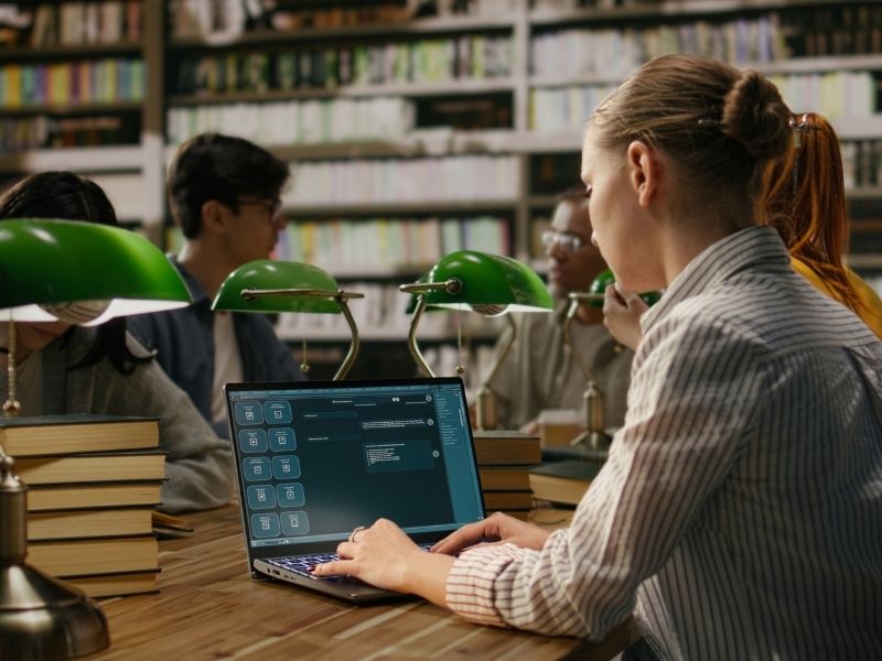 Student uses laptop with AI chatbot interface at library table, modern learning tool and virtual assistant with classmates studying nearby.