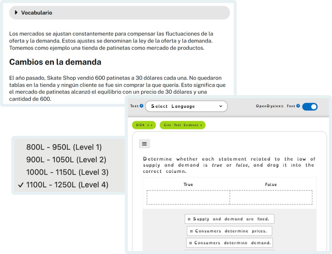 Expedition: Learn interface showing adjustable lexile reading levels, open dyslexic text, and a lesson translated into Spanish
